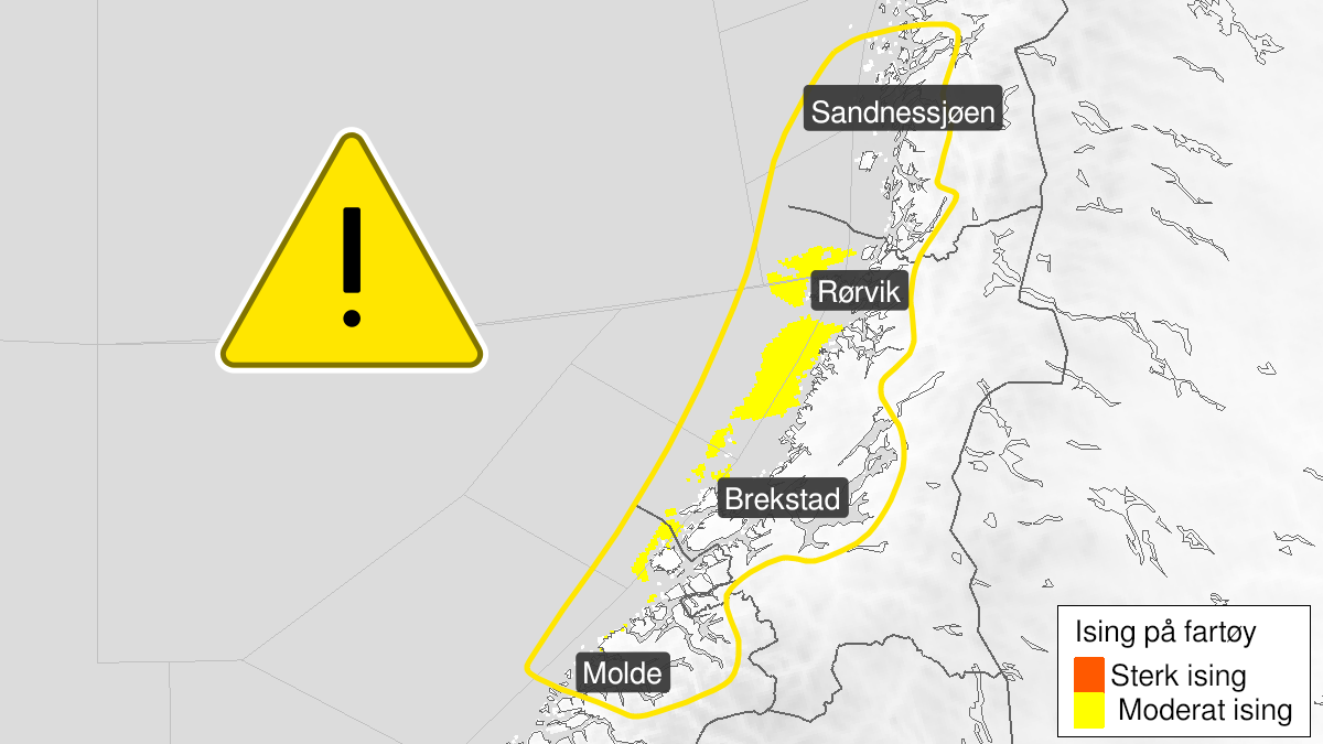 Map over Moderate icing on ships, yellow level, Coastal and fjord districts between Sandnessjoeen and Molde, 2023-11-27T13:00:00+00:00, 2023-11-28T11:00:00+00:00